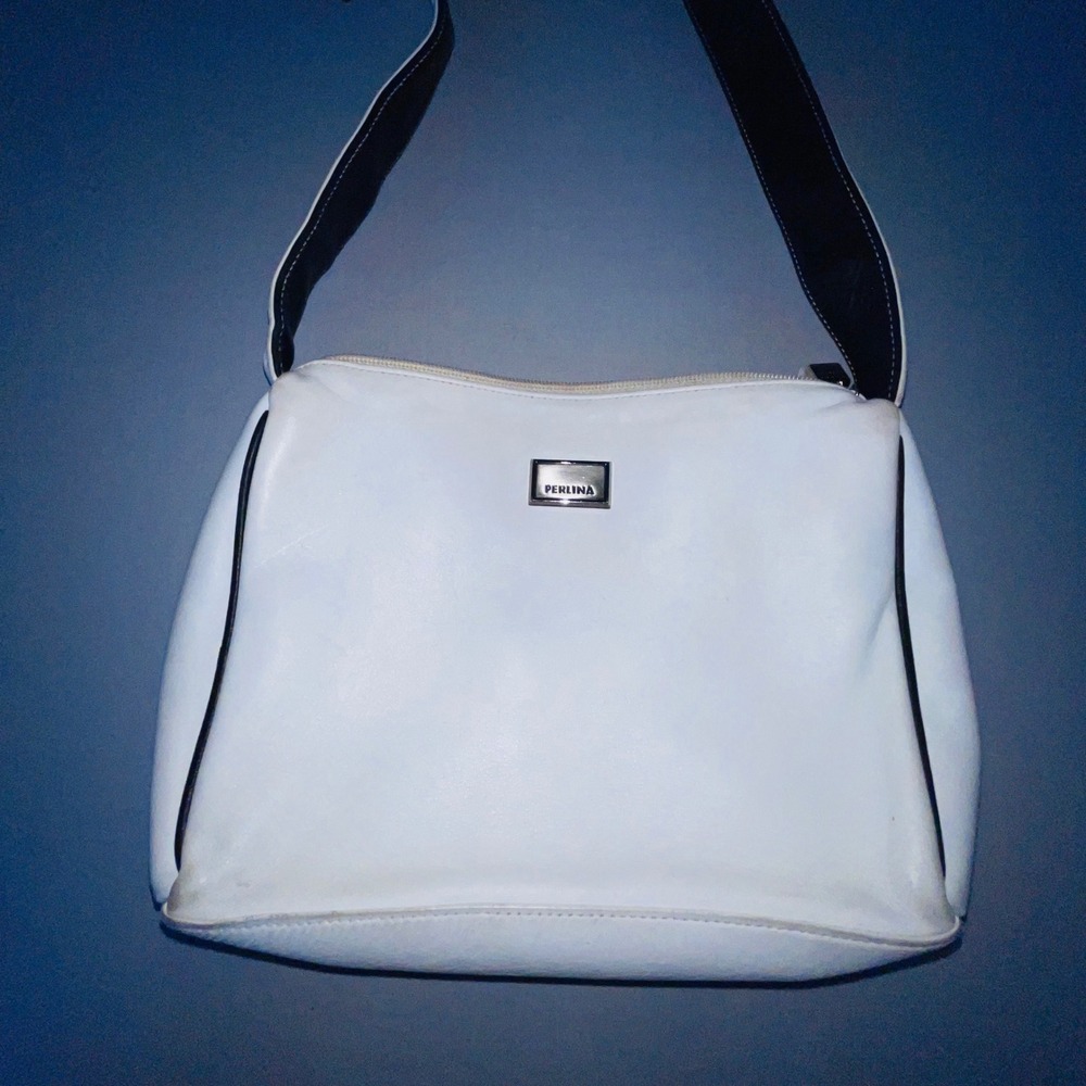 Perlina Shoulder Bag Leather White Silver Hardware Minimalist Two Tone Classic